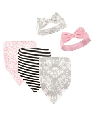 Hudson Baby Bandana Bibs and Headbands, 5-Piece Set, Gray Flowers, 0-9 Months