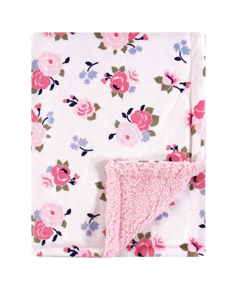 Luvable Friends Baby Girl Plush Blanket with Faux Shearling Back, Pink Floral, One Size