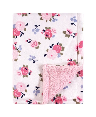 Luvable Friends Baby Girl Plush Blanket with Faux Shearling Back, Pink Floral, One Size