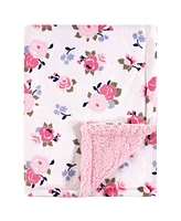 Luvable Friends Baby Girl Plush Blanket with Faux Shearling Back, Pink Floral, One Size