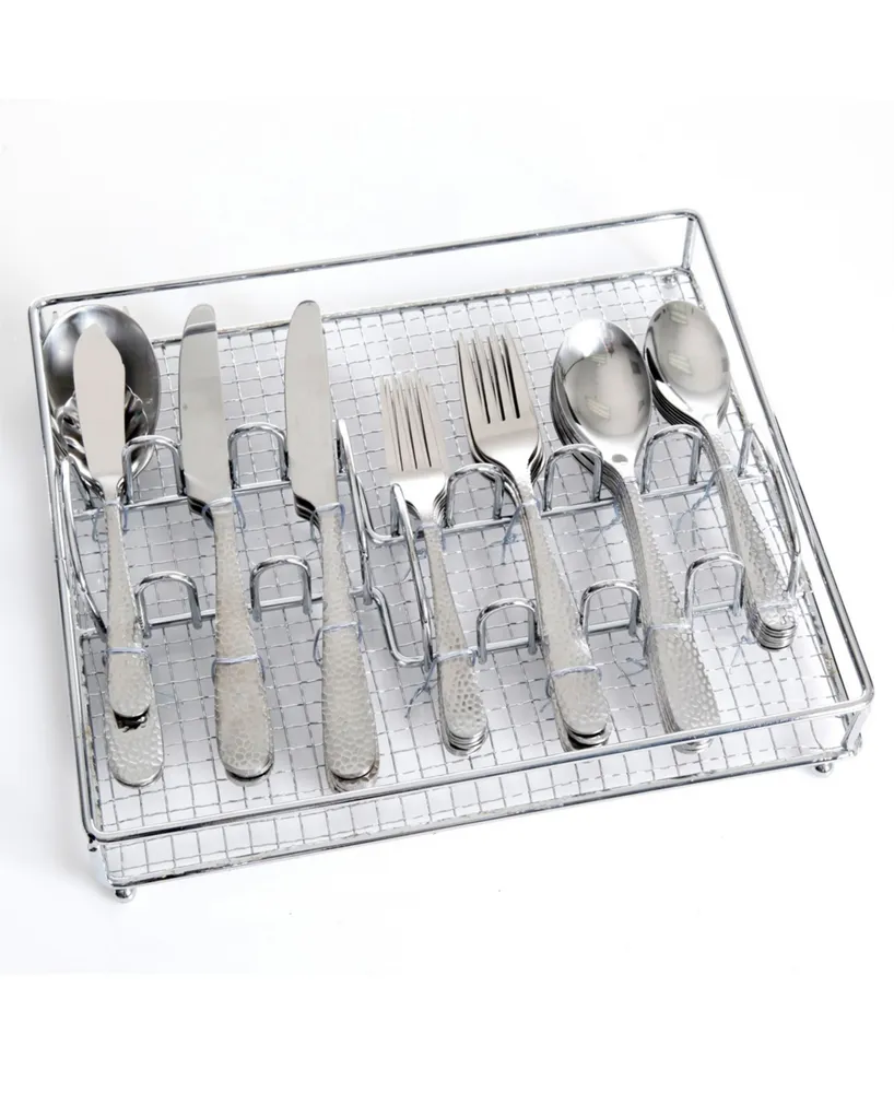 Hammered 46 Piece Flatware Set with Wire Caddy - Silver