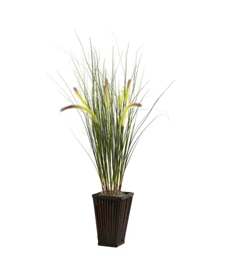 Nearly Natural Grass w/ Cattails and Bamboo Planter