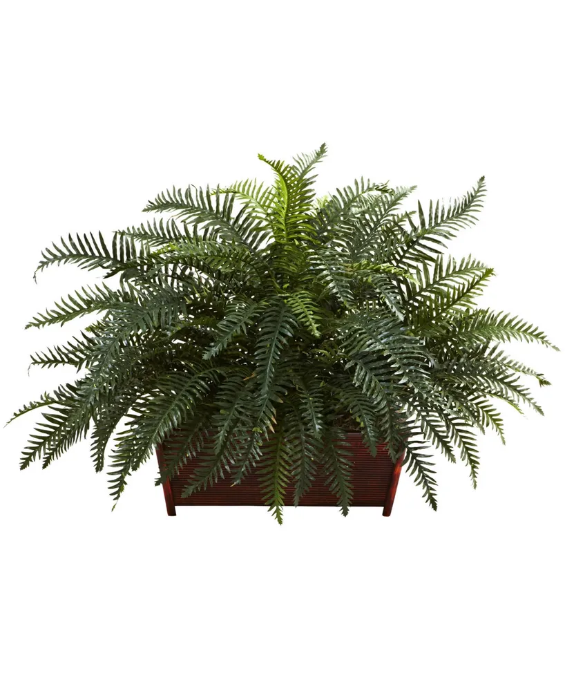 Nearly Natural Boston Fern with Decorative Wood Vase Silk Plant Green