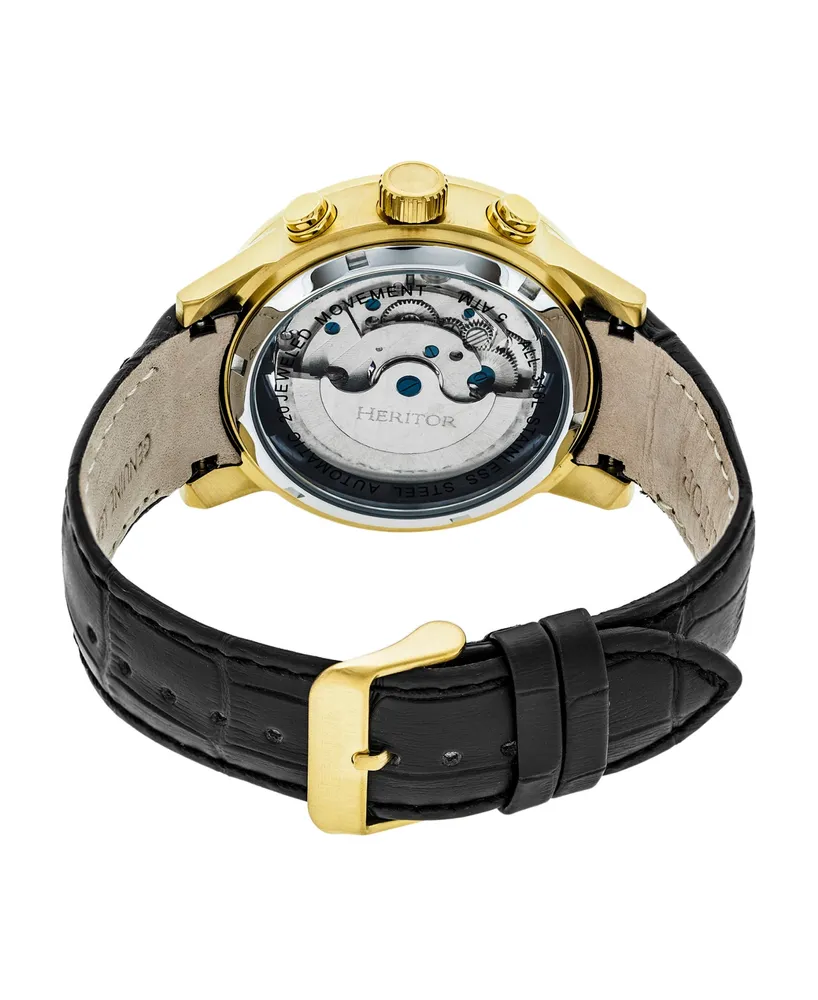 Heritor Automatic Silver Dial, Gold Case, Genuine Black Leather Watch 44mm