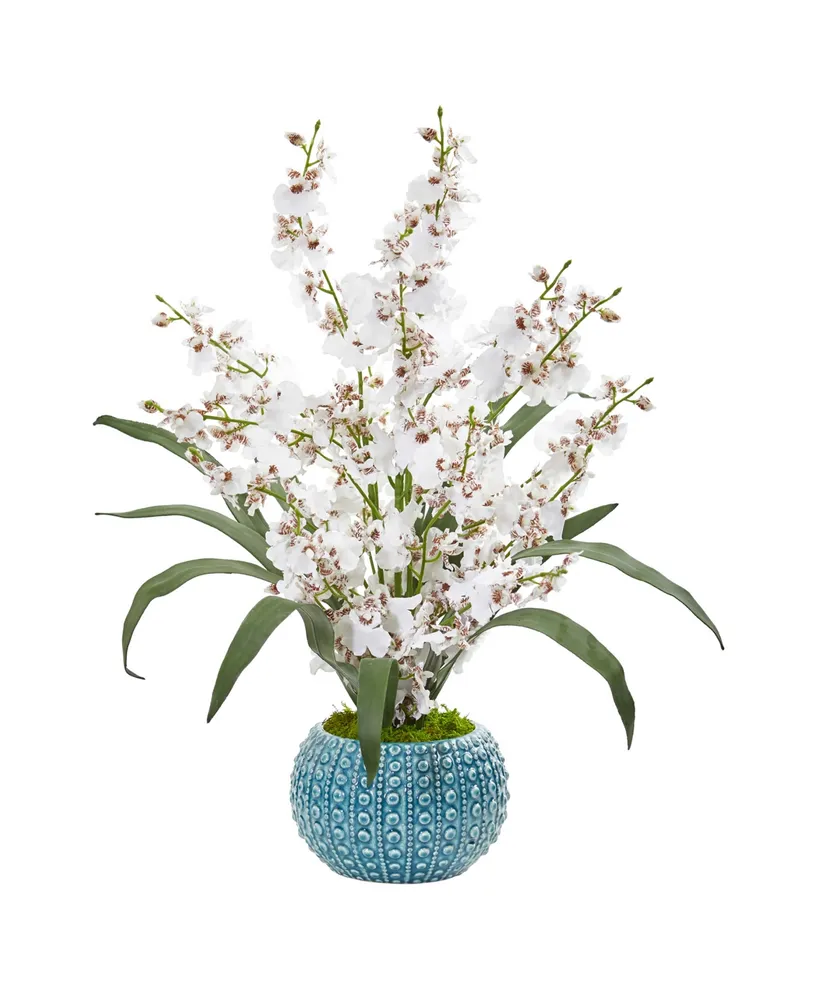 Nearly Natural Dancing Lady Orchid Artificial Arrangement in Blue Vase