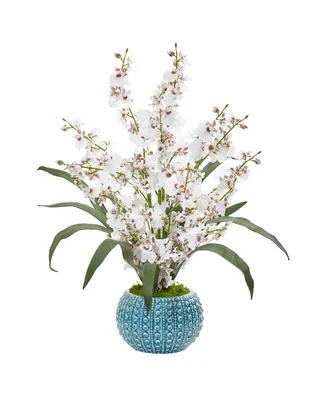 Nearly Natural Dancing Lady Orchid Artificial Arrangement in Blue Vase