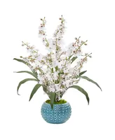 Nearly Natural Dancing Lady Orchid Artificial Arrangement in Blue Vase