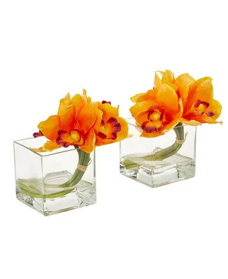 Nearly Natural Cymbidium Orchid Artificial Arrangement in Glass Vase (Set of 2)