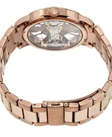 Stuhrling Stainless Steel Rose Tone Case on Link Bracelet, Rose Tone Skeletonized Dial with Exposed Bridge Movement, with Blue and Black Accents