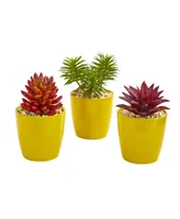 Nearly Natural 9" Mixed Succulent Artificial Plant in Yellow Vase (Set of 3)