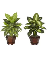 Nearly Natural Dieffenbachia w/Wood Vase Silk Plant, Set of 2