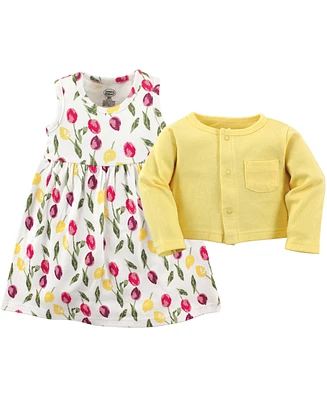 Luvable Friends Toddler Girls Dress and Cardigan 2pc Set, Tulips