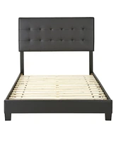 Ultima Roma Upholstered Tufted Faux Leather Platform Bed Frame with Bonus Base Wooden Slat System, Queen