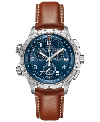 Hamilton Men's Swiss Chronograph Khaki X-Wind Gmt Brown Leather Strap Watch 46mm