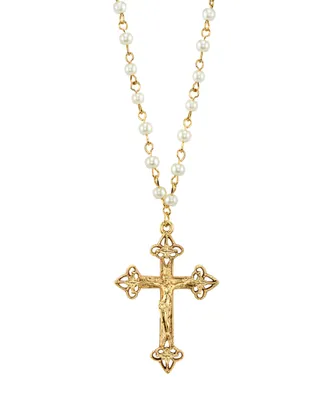 2028 14K Gold Tone Simulated Pearl Chain Crucifix Cross Pendant Necklace 16" Adjustable