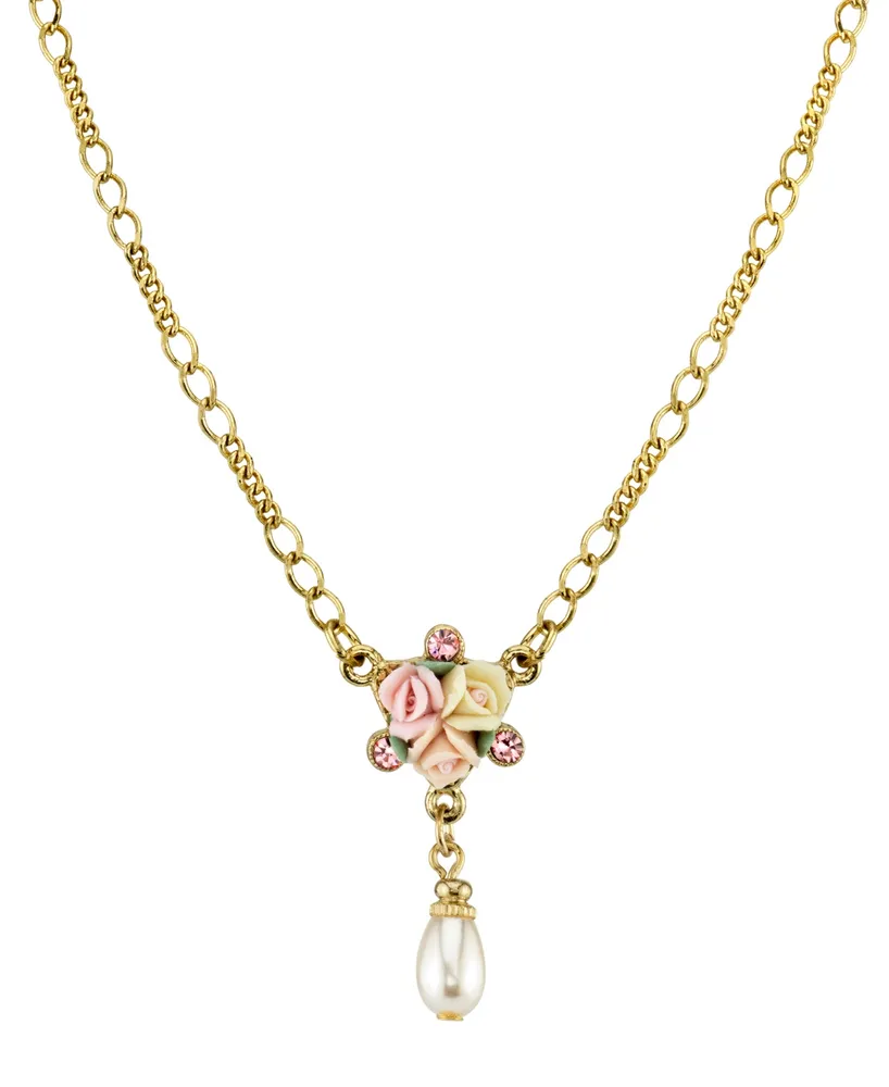 2028 Gold-Tone Crystal Ivory and Pink Porcelain Rose Simulated Pearl Necklace 16" Adjustable
