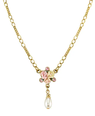 2028 Gold-Tone Crystal Ivory and Pink Porcelain Rose Simulated Pearl Necklace 16" Adjustable