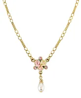 2028 Gold-Tone Crystal Ivory and Pink Porcelain Rose Simulated Pearl Necklace 16" Adjustable