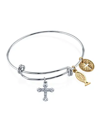 2028 Silver Tone Bangle Bracelet with Cross Fish and Medallion Charms