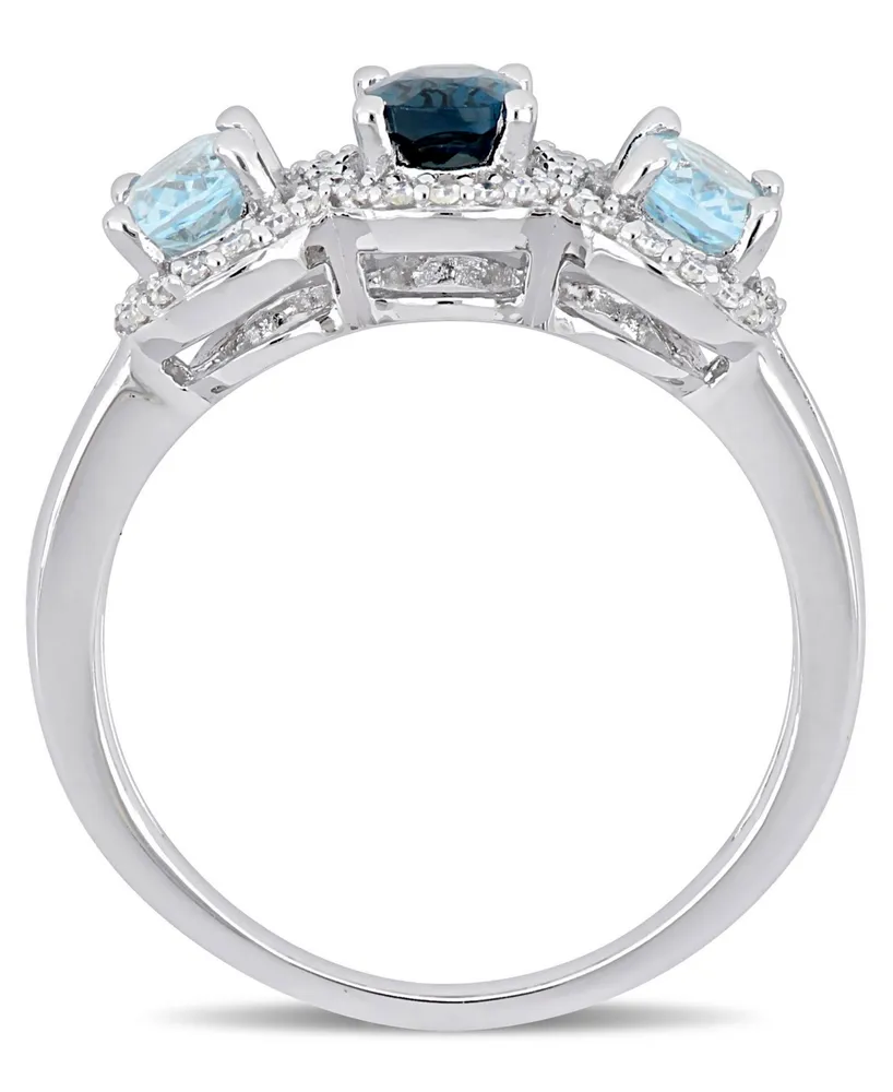 Blue Topaz (1-3/5 ct.t.w.) and Diamond (1/5 3-Stone Halo Ring Sterling Silver