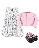 Hudson Baby Baby Girls Hudson Cotton Dress, Cardigan and Shoe 3pc Set, Toile, 0-3 Months