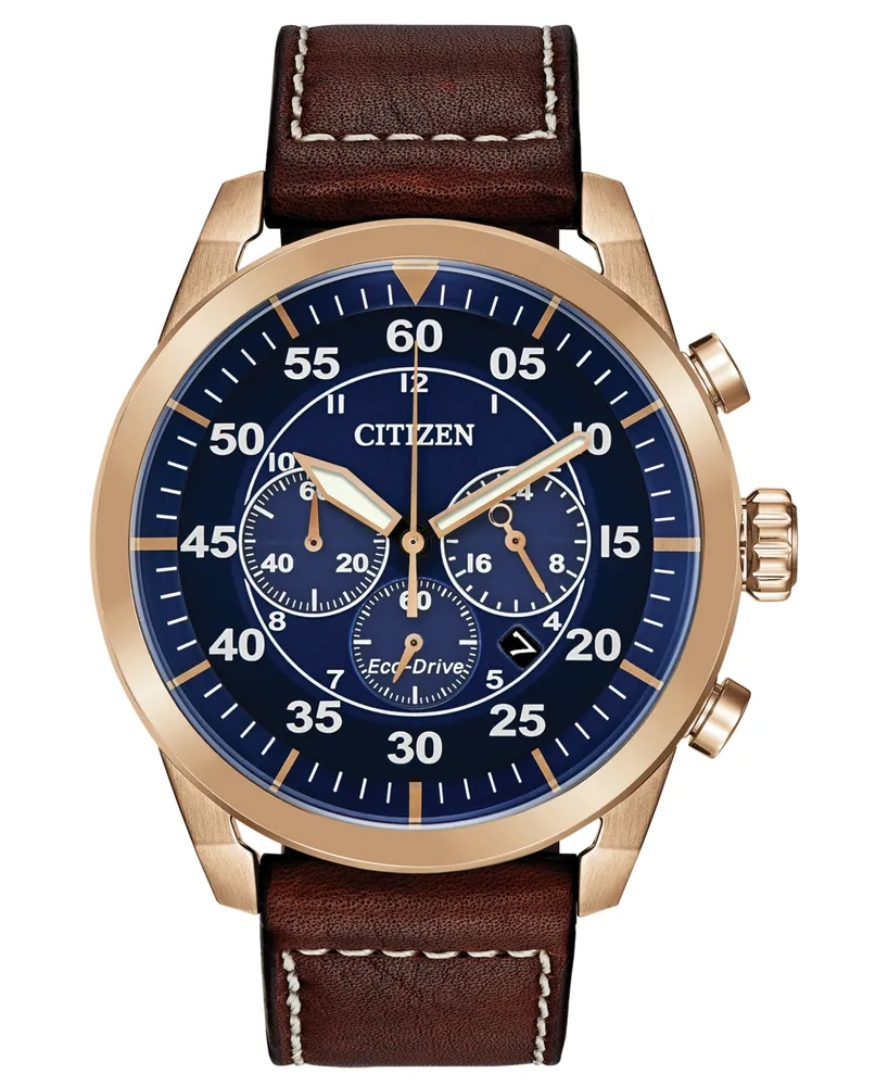 Citizen Eco-Drive Men's Chronograph Avion Brown Leather Strap Watch 48mm