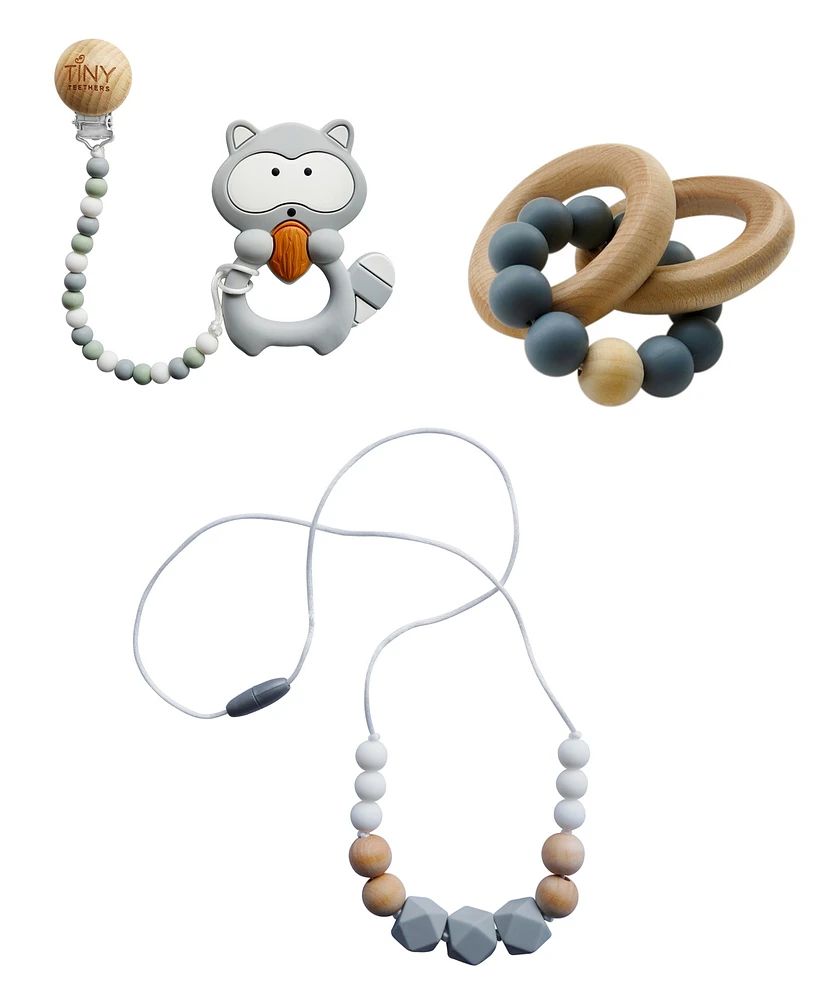 3 Stories Trading Tiny Teethers Infant 3 Piece Silicone And Beech Wood Teething Gift Set