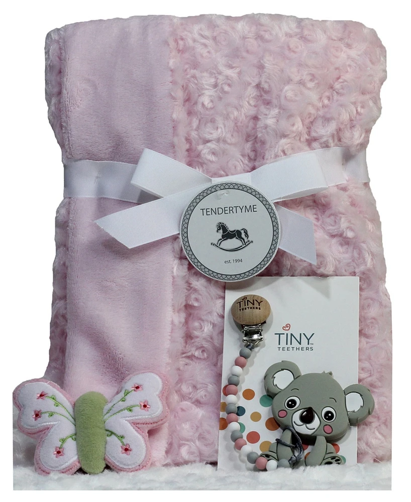 3 Stories Trading Baby Girls Blanket, Pacifier Clip, Teether, and Toy, 4 Piece Set