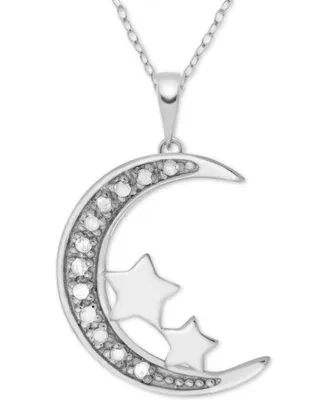 Diamond (1/10 ct. t.w.) Moon & Stars 18" Pendant Necklace in Sterling Silver