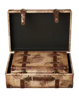 Vintiquewise Old World Map Leather Vintage-Like Style Suitcase with Straps, Set of 2