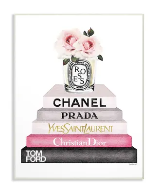 Stupell Industries Book Stack Fashion Candle Pink Rose Wall Plaque Art