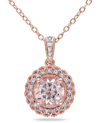 Morganite (1-1/6 ct. t.w.) and Diamond (1/10 ct. t.w.) Halo 18" Necklace in Rose Gold over Silver