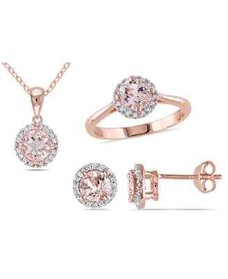 Morganite (2-5/8 ct. t.w.) and Diamond (1/4 Halo 3-Piece Necklace, Earrings Ring Set 18k Rose Gold Over Silver