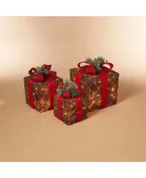 Gerson & Gerson Assorted Electric Gift Boxes with Natural Vine with a Red Burlap Ribbon Accent - Set of 3