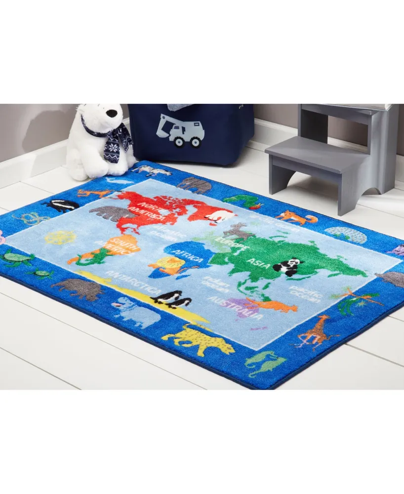 Eric Carle Elementary World Map Blue 6'6" x 9'5" Area Rug