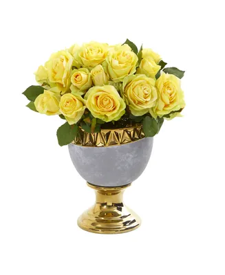 Nearly Natural Rose Artificial Arrangement in Urn with Gold Trimming