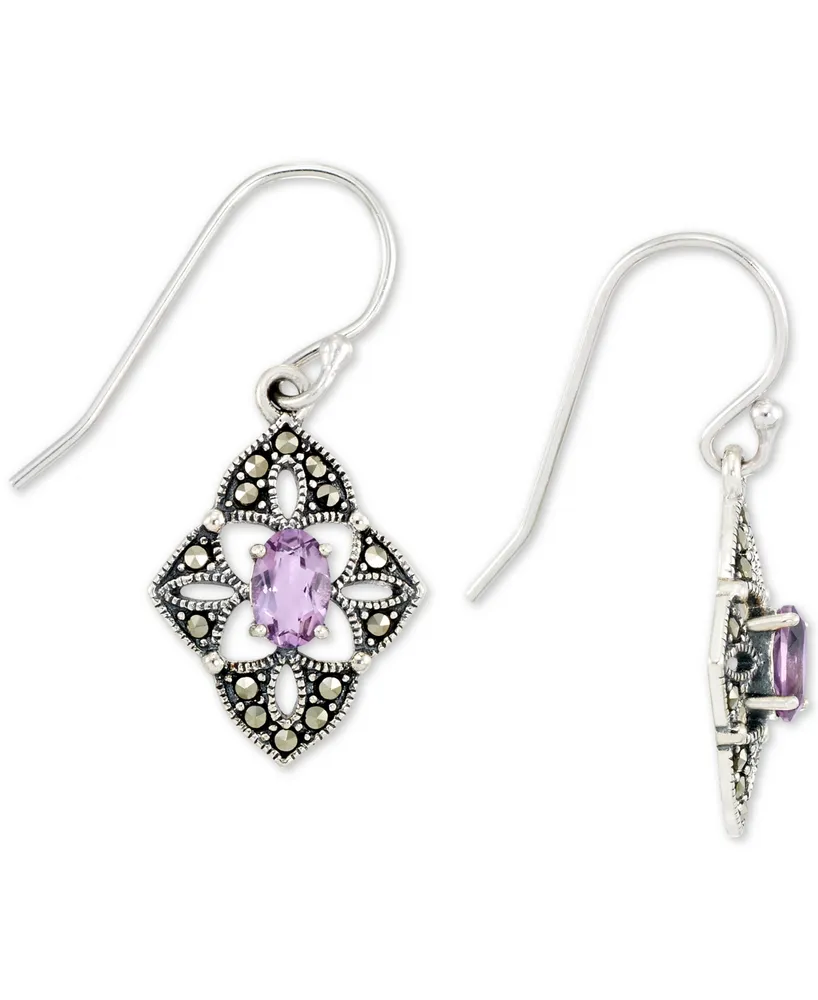 Amethyst (1/2 ct. t.w.) & Marcasite Flower Drop Earrings in Sterling Silver