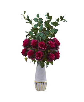 Nearly Natural 26" Rose and Eucalyptus Artificial Arrangement in Stoneware Vase with Gold Trimming