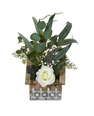 Nearly Natural 16" Rose and Eucalyptus Artificial Arrangement in Hanging Floral Design House Planter