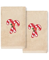 Linum Home Christmas Candy Canes Embroidered 100% Turkish Cotton 2-Pc. Hand Towel Set