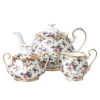 Royal Albert 100 Years 1940 3-Piece Set, Teapot Sugar & Creamer-English Chintz