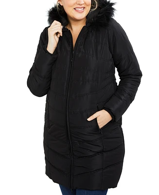 Motherhood Maternity Zip-Front Coat with Faux Fur Trim