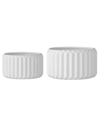 Various Round Fluted Stoneware Flower Pots, White, Set of 2