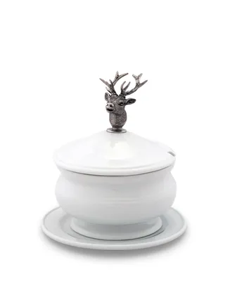 Vagabond House Lidded Porcelain Soup, Sauce, Gravy Bowl with Solid Pewter Elk Head Handle, Knob