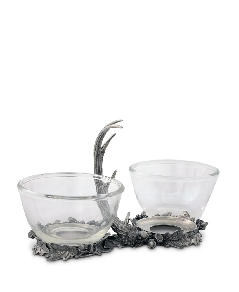Vagabond House Dip, Nut, Sauce, Condiment Bowl Double Removable Glass Bowl with Solid Pewter Rustic Antler Handle