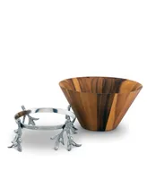 Arthur Court Acacia Wood Salad Bowl in Metal Stand, Sand-Cast Aluminum Stand in Olive Pattern