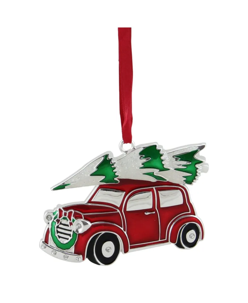 Northlight 3.25" Red White and Green Silver Plated Car with Tree and Wreath Christmas Ornament