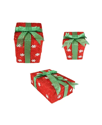 Northlight Set of 3 Red Snowflake Sisal Gift Boxes Lighted Christmas Outdoor Decorations