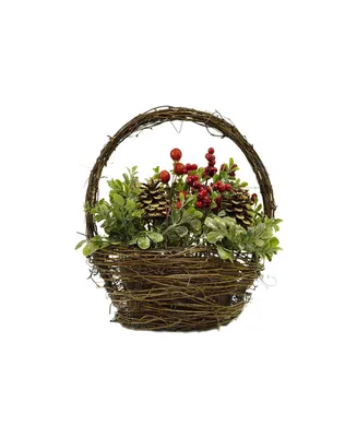Northlight 12" Pine Cones Berries and Boxwood in Twig Basket Christmas Tabletop Decoration