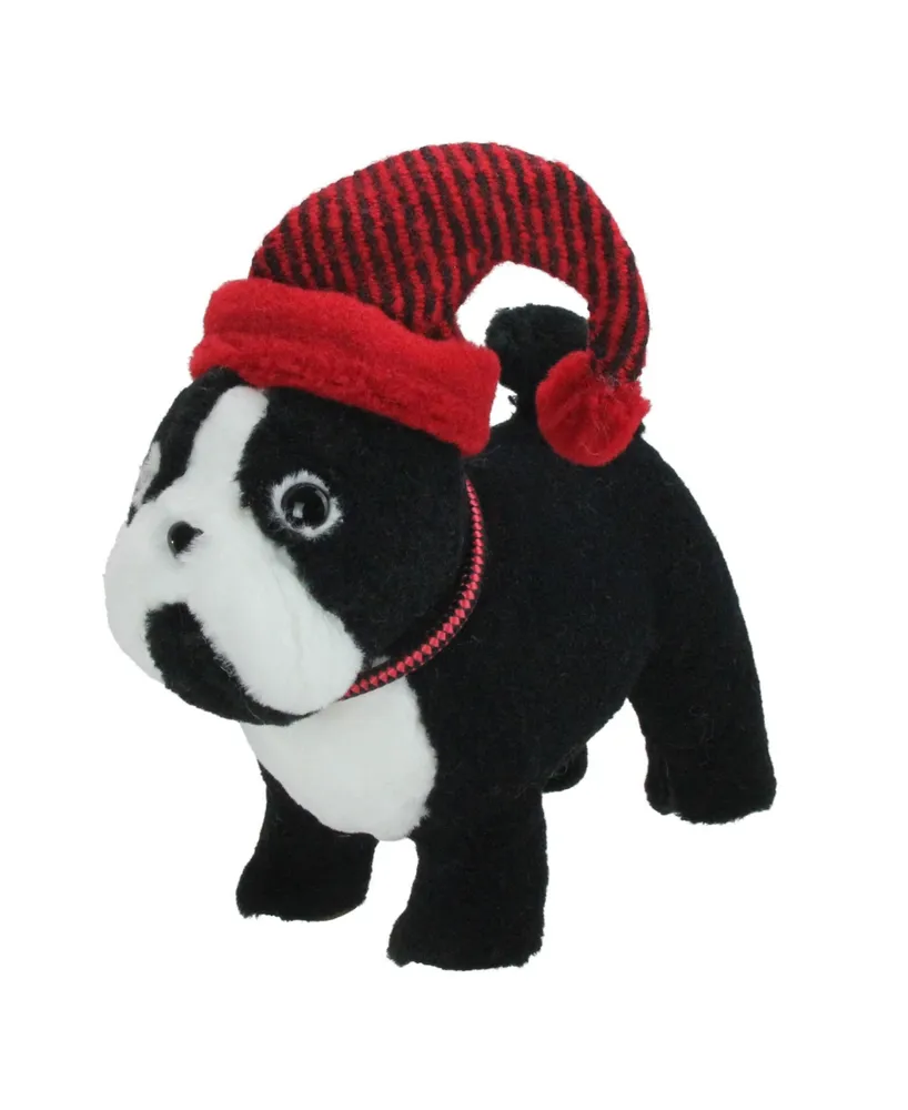 Northlight 11.5" Black and White Plush Standing Bulldog with Red Hat Christmas Decoration